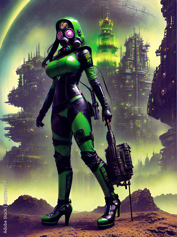 futuristic warrior woman in a green uniform, generative ai illustration, these depiction is fictitious and generated