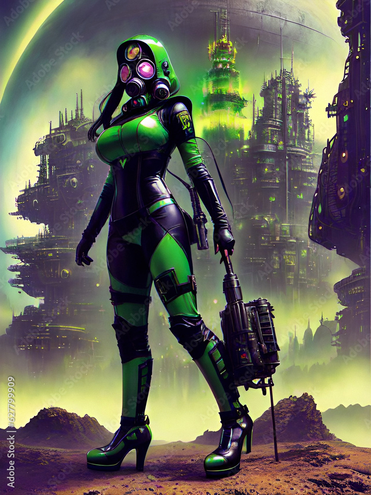 Obraz premium futuristic warrior woman in a green uniform, generative ai illustration, these depiction is fictitious and generated