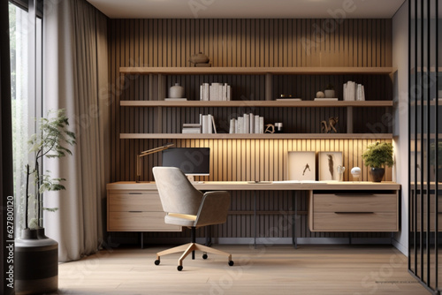 Neutral Modern Home Office Room Interior With Wooden Floor, A Bookshelf With Books and Decorations, Office Chair , and Computer | Minimalistic Interior Design