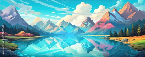 Landscape with big shaped mountains and blue large clean lake  colorful panorama.