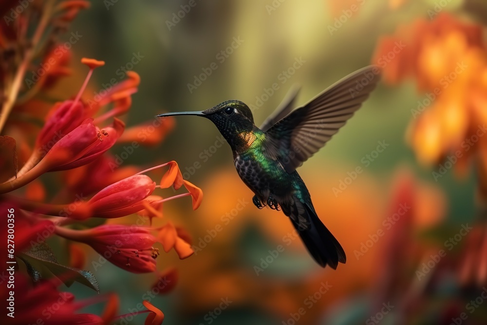 Fototapeta premium Fiery-throated Hummingbird in flight feeding on pink flower against green background. Generated AI