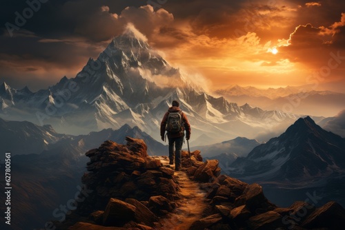 A determined hiker ascending a challenging mountain peak, symbolizing the journey to success. Generative Ai © bluebeat76