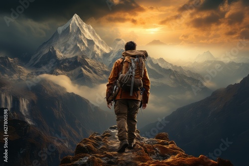 A determined hiker ascending a challenging mountain peak, symbolizing the journey to success. Generative Ai © bluebeat76