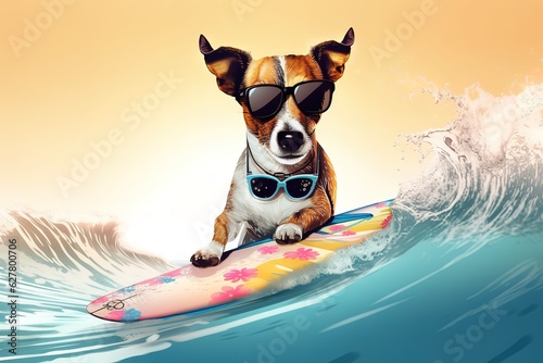 jack russell dog surfing on a wave on ocean sea. Generated AI