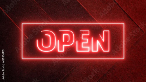 Flashing neon business OPEN sign, Neon open sign animation on texture wall background. Open sign seamless looping. Red color Neon Sign Open. neon lights. Bright big, illuminated ad in loop.