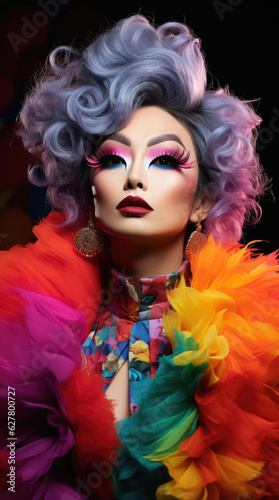 In a burst of colors, a powerful drag queen unleashes their inner diva, unapologetically embracing their true self with a captivating wig and makeup that demand attention.
