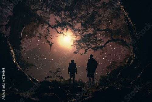 Photograph of people exploring enchanted forests in the light of the full moon, Generative AI