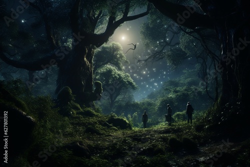 Photograph of people exploring enchanted forests in the light of the full moon  Generative AI