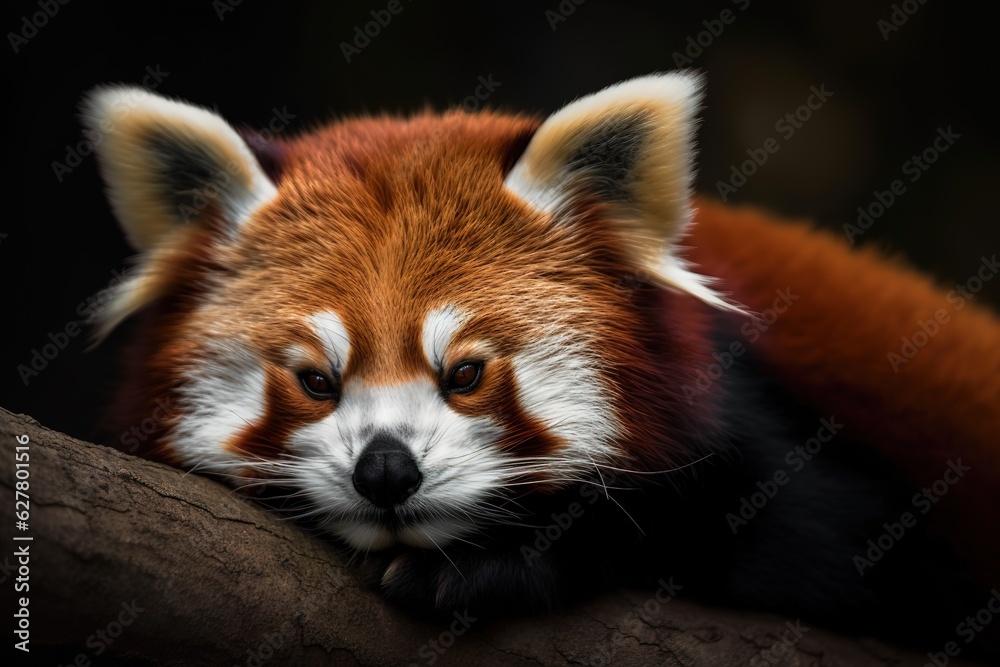 A red panda, Ailurus fulgens, sleeping on a bamboo. Generated AI A red panda, Ailurus fulgens, sleeping on a bamboo. Generated AI