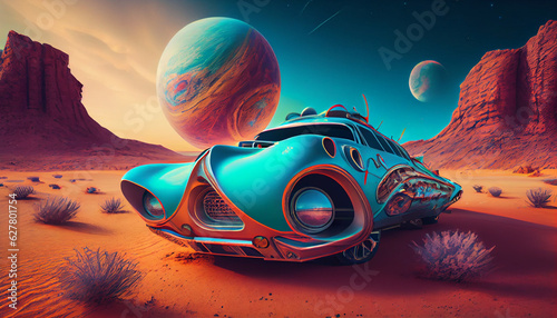 An imaginary car. An oldtimer car racing on an alien planet. An imagined concept full of colors and visual elements  Ai generated image