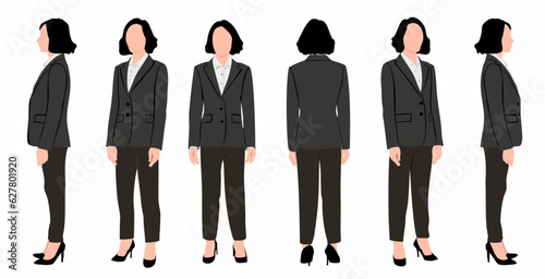 Set of businesswoman in different poses front view, back view and side view, vector illustration of businesswoman in suit. 