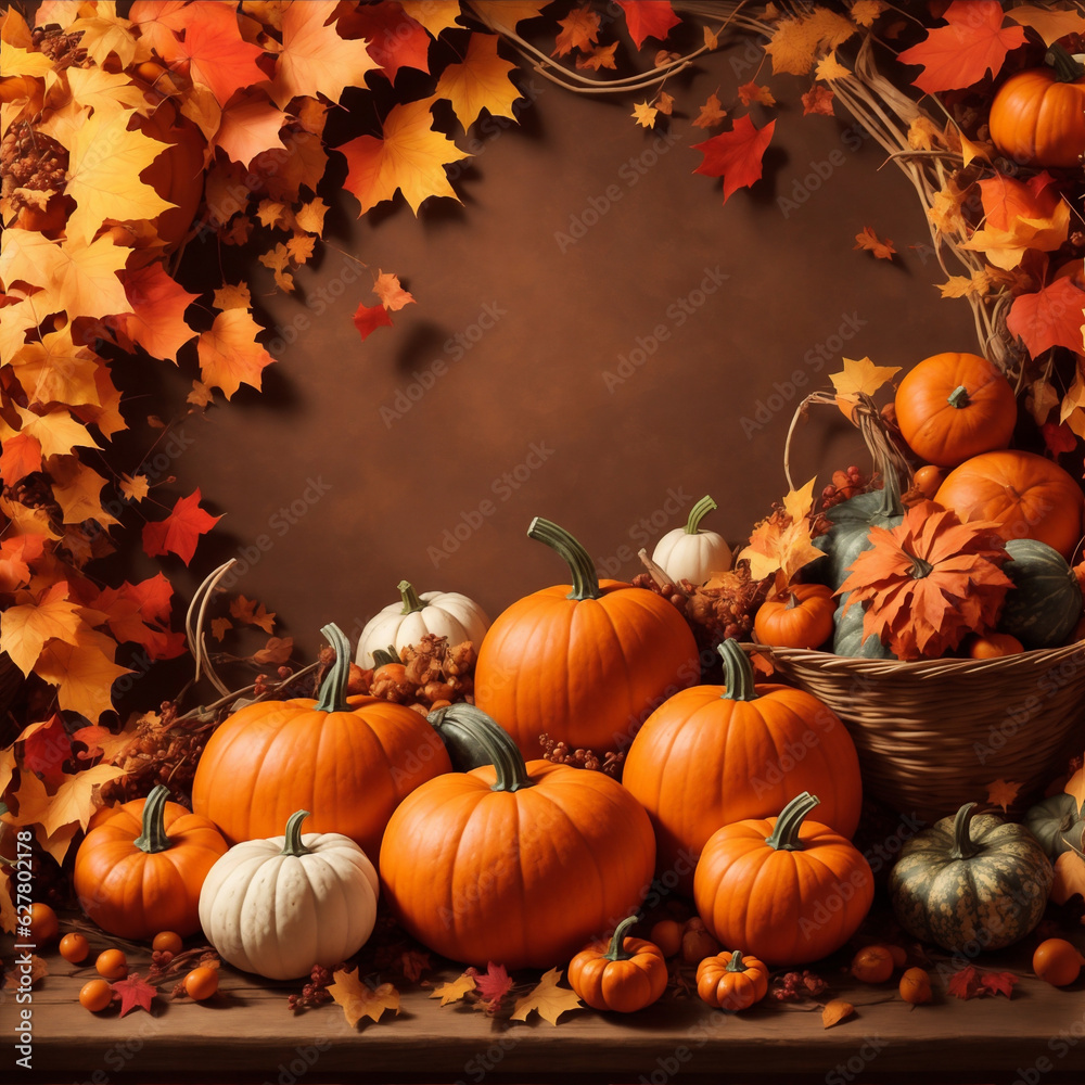 autumn background for Halloween with orange pumpkins on a wooden floor autumn background for Halloween with orange pumpkins on a wooden floor