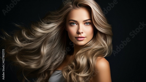 Beautiful blonde girl with very long well-groomed smooth hair. Develop. Advertisement for hairdresser, beauty salon, hair banner. AI generation