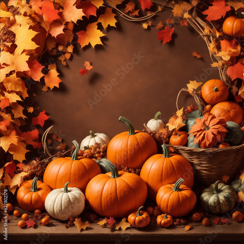 autumn background for Halloween with orange pumpkins on a wooden floor