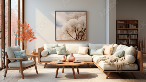 Modern living room scene  bright and soft light. Generative AI