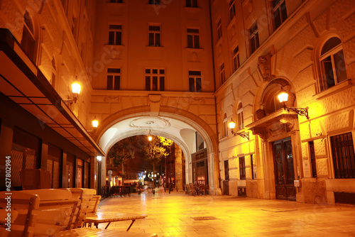 Historical vintage street in downtown in evening time of Budapest, Hungary