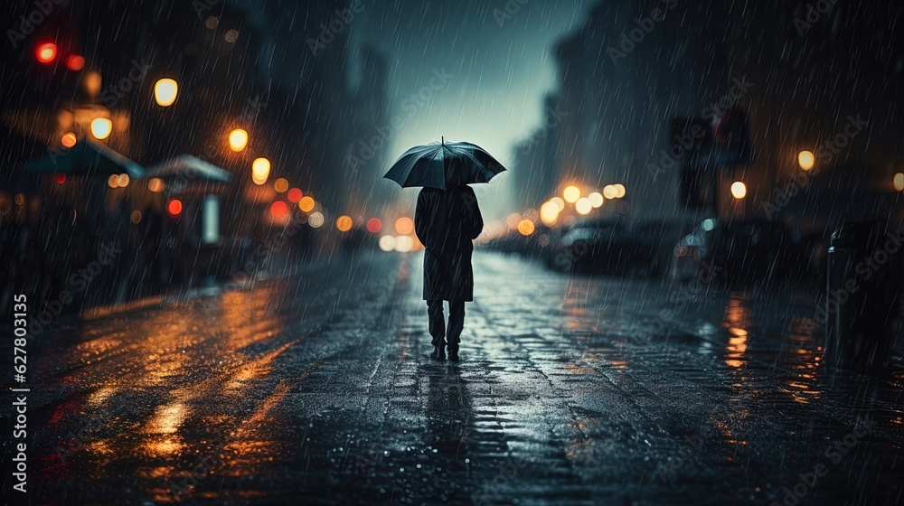 A photo of a man with an umbrella in the middle of heavy rain, generated by AI - obrazy, fototapety, plakaty 
