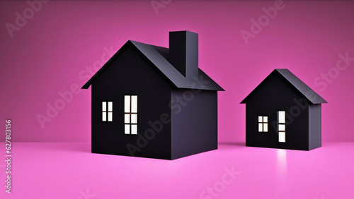 Two black houses with white windows on pink background with space to write your text 
