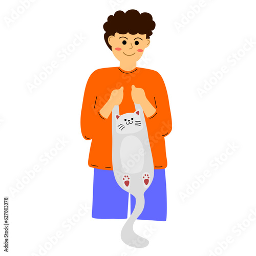 cute man is raising cute white cat over his head ,vector illustration
