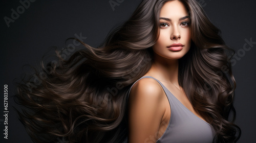 Beautiful brunette girl with very long well-groomed smooth hair. Develop. Advertisement for hairdresser, beauty salon, hair banner. AI generation © Sergii