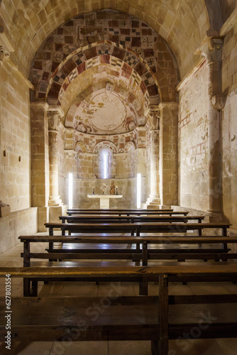 Temple of Santa Eulalia, medieval parish located in the Palencia Mountains. Barrio de Santa María, located at the tail of the Aguilar de Campoo reservoir, Pelencia, Spain. XII Century
