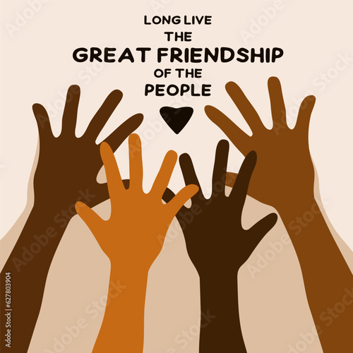 Motivational poster against racism. Hands of latin and black skin. A text about the tolerance and friendship of peoples.