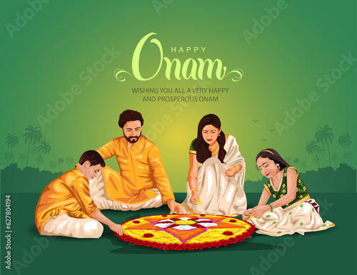 kerala fesival happy onam greetings abstract vector illustration. malayali family making pookalam