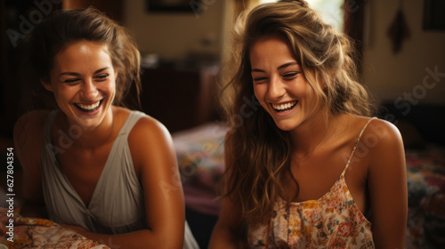 Portrait of two beautiful young women laughing and having fun at home. Two older sisters recall the happy years of their childhood.