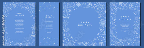 Teal Blue Christmas Template Designs. Beautiful Monochromatic Christmas Backgrounds with blue soft Christmas element patterns. Poster, Vertical Banner, Card, a4 letter. Editable Vector Illustration.