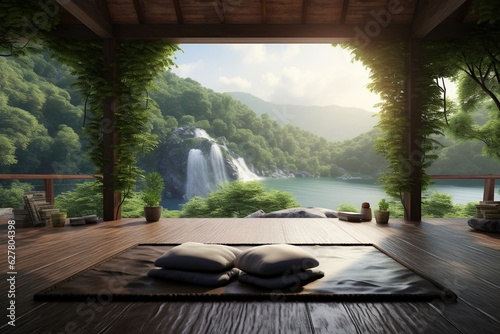 Concept of relaxation in yoga retreats amidst nature  Generative AI