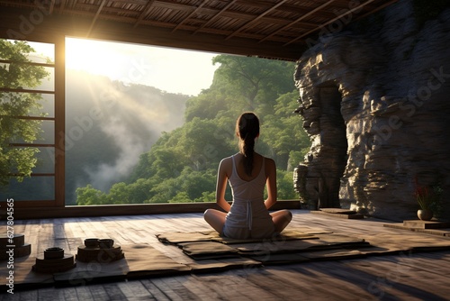 Concept of relaxation in yoga retreats amidst nature  Generative AI