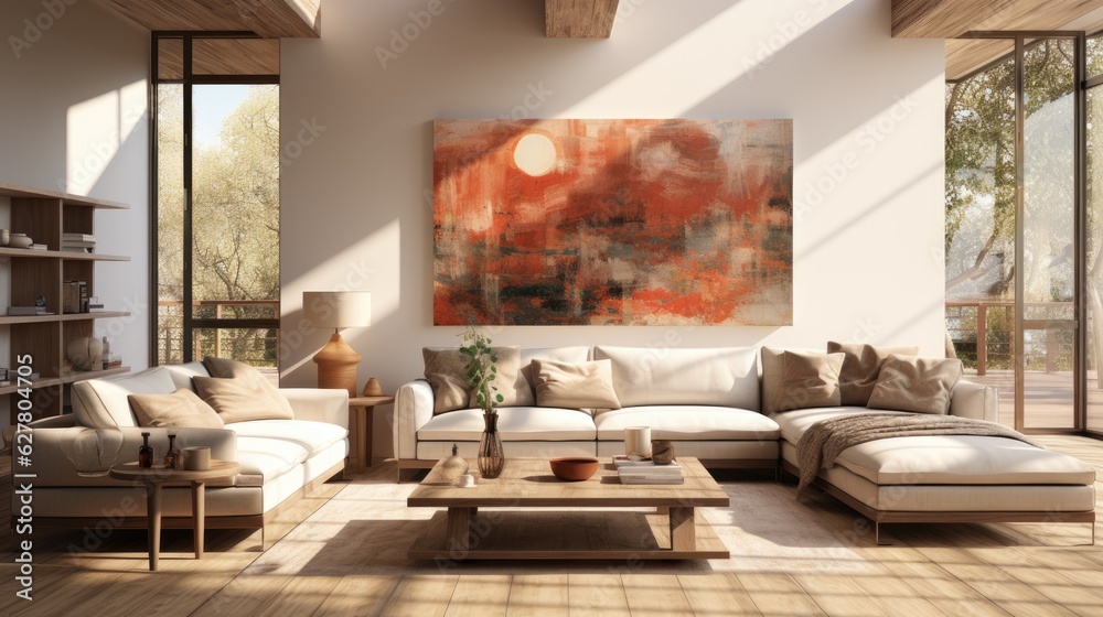 Modern living room scene, bright and soft light. Generative AI