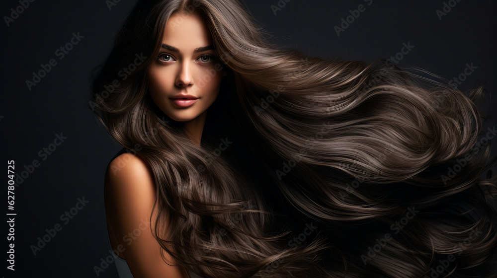 Beautiful brunette girl with very long well-groomed smooth hair. Develop. Advertisement for hairdresser, beauty salon, hair banner. AI generation