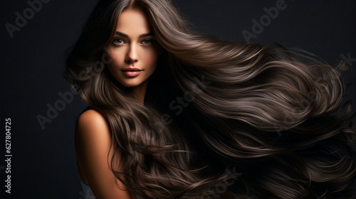 Beautiful brunette girl with very long well-groomed smooth hair. Develop. Advertisement for hairdresser, beauty salon, hair banner. AI generation