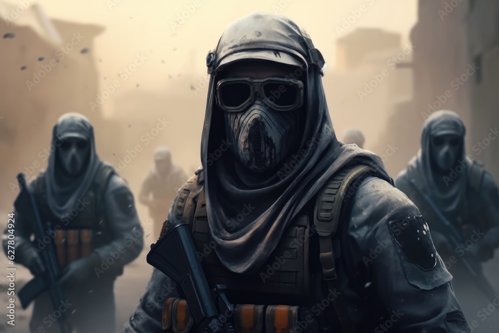 Military swat with gas masks cover each other, In full combat readiness to break through the smoke from chemical weapons. Military swat with gas masks cover each other, In full combat readiness to break through the smoke from chemical weapons.