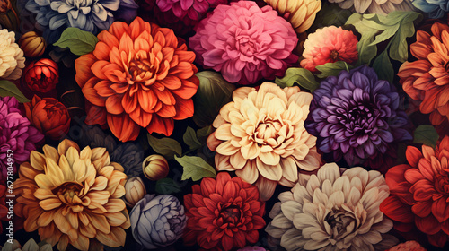 An enchanting illustration featuring a vibrant background of colorful vintage flowers. Generative AI. © Olga Khoroshunova