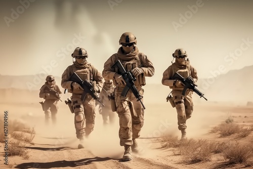 Soldiers walking In The Desert Sand, Military operation.