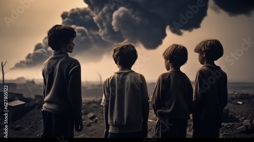 Group of children standing looking amidst the ruins of a destroyed city, The atrocities of war affecting children.