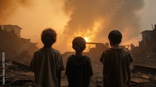 Group of children standing looking amidst the ruins of a destroyed city, The atrocities of war affecting children.