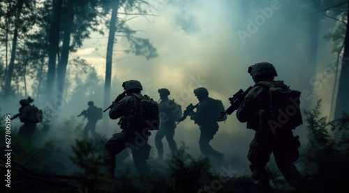 Group of soldiers in action on war battle in jungle.