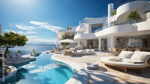 Sea view luxury modern white beach hotel with swimming pool. Generative AI