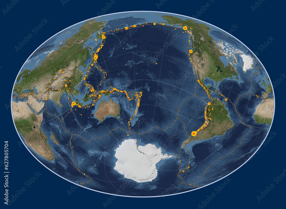 Kermadec tectonic plate. Satellite. Fahey Oblique. Earthquakes and