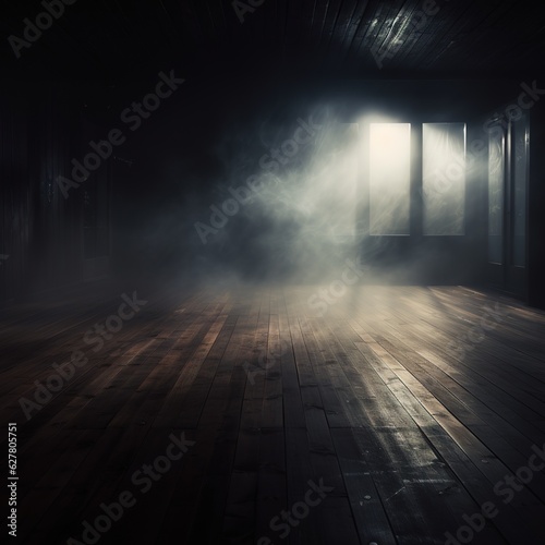 Defocused background of fog in darkness, smoke, and mist on a wooden floor. Abstract and moody Halloween backdrop. Generative AI