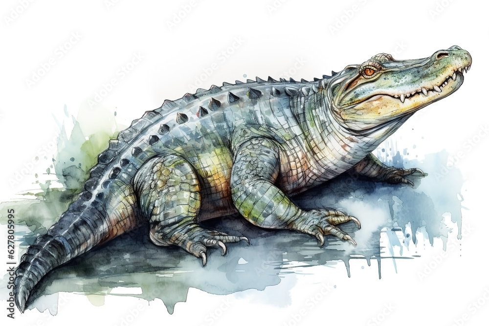 Obraz premium Watercolor alligator illustration on white background.