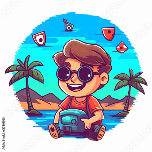 The boy is on holiday at the seaside. He is sitting on the beach and lounging. Summer holidays and fun. Cartoon illustration.