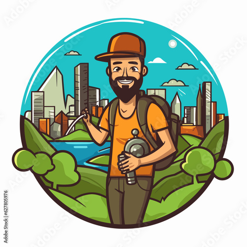 Exploring the big city on a road trip. Discovering hidden places using map navigation. Cartoon vector illustration.