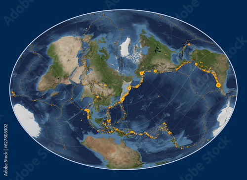 Okhotsk tectonic plate. Satellite. Fahey Oblique. Earthquakes and boundaries