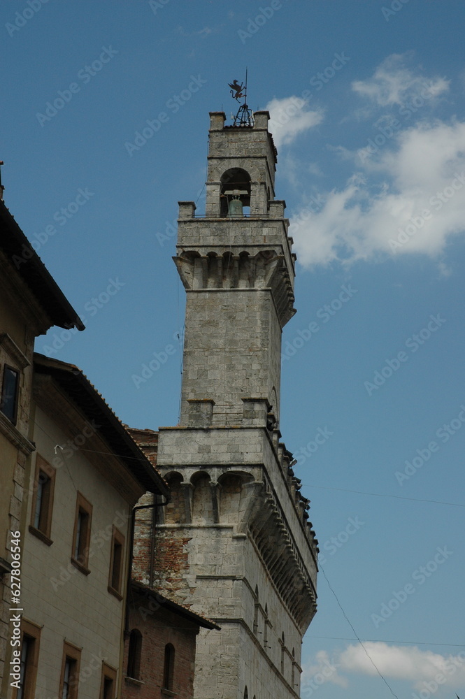 Bell tower of the medieval building in the central square of Montepulciano(Siena). Currently seat of the municipality