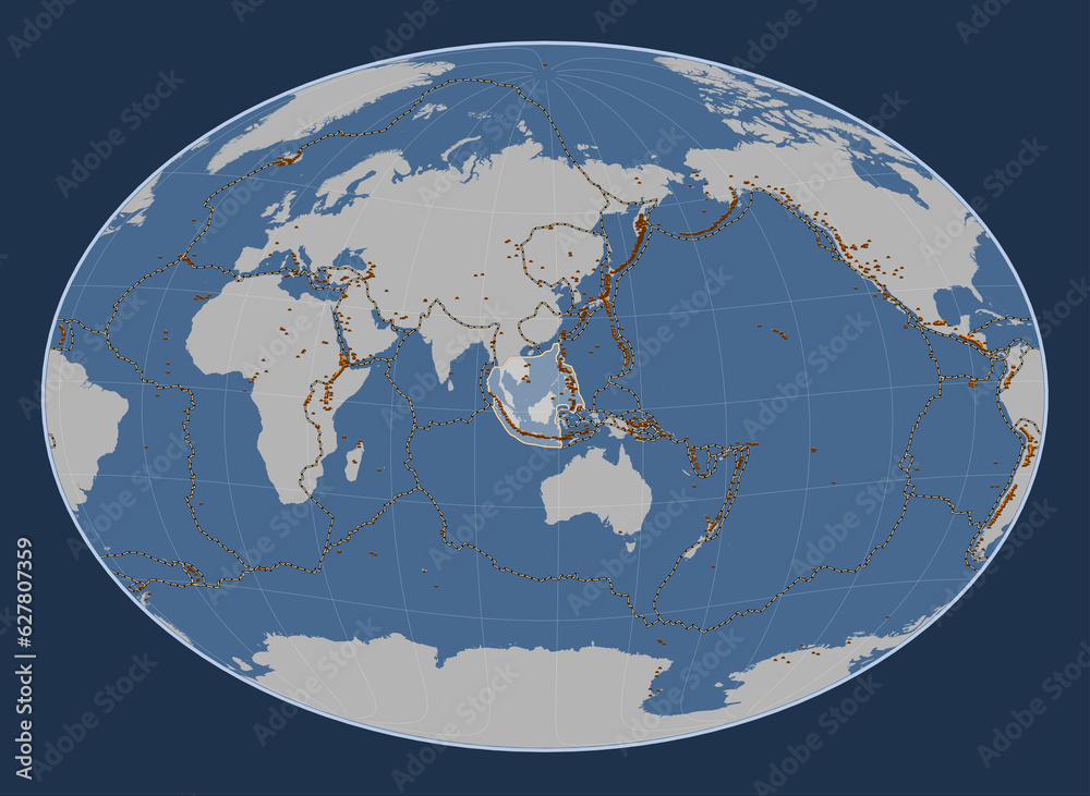 Sunda tectonic plate. Contour. Fahey Oblique. Volcanoes and boundaries