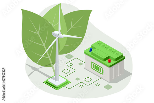 Isometric wind farm, high wind turbines for generation of electricity and battery
